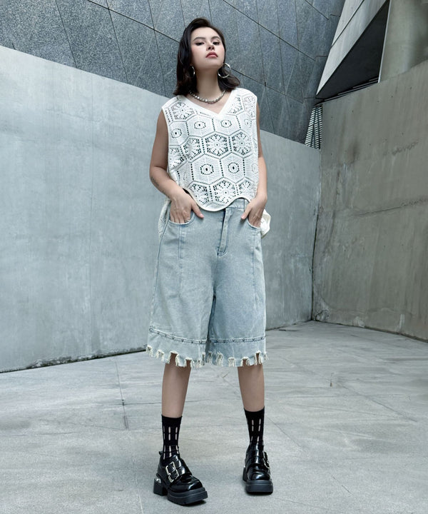 Raw Fringe Wide Denim Shorts