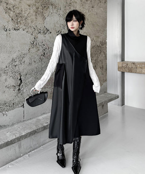 Mock Neck Overlay Pocket Dress