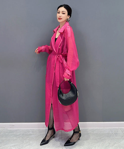 Sheer Belted Long Cardigan