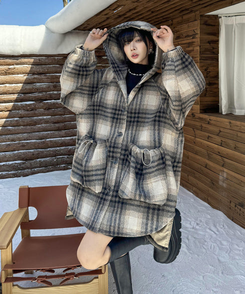 Oversized Plaid Hooded Coat