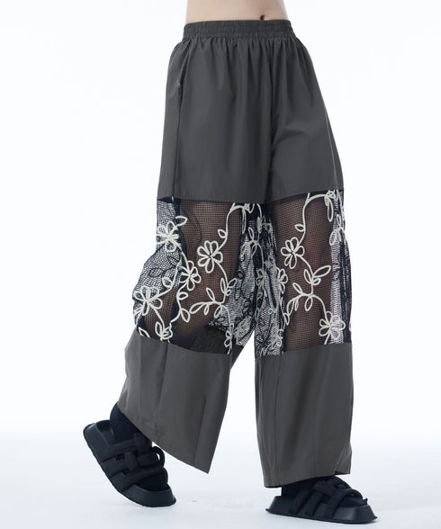 Sheer Floral Mesh Wide Pants