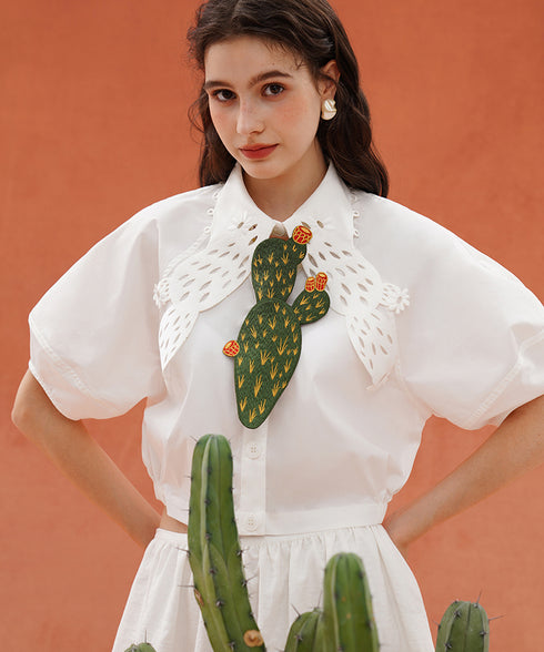 Cactus Cutwork Puff Sleeve Blouse