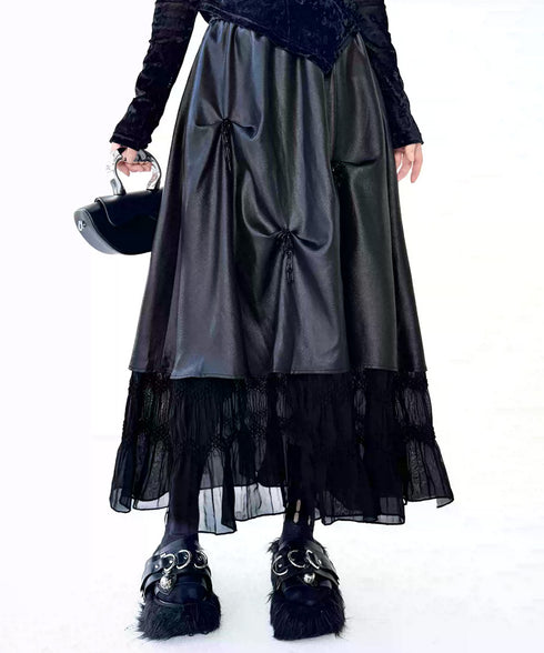 Glossy Gather Lace Hem Maxi Skirt