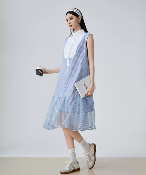 Stripe Frill Sleeveless Dress