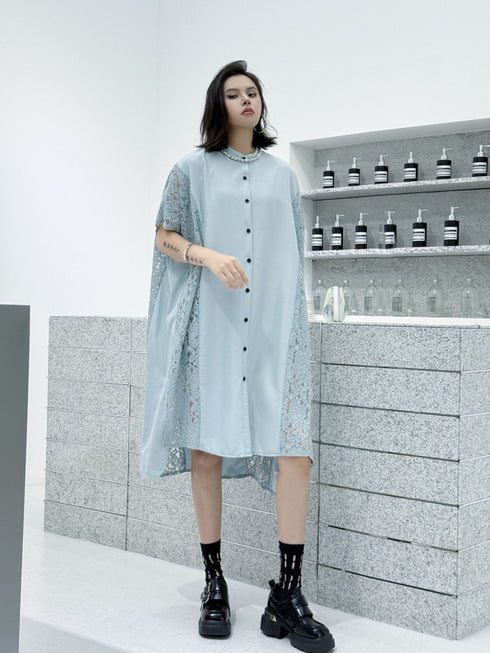 Lace Panel Relaxed Shirt Dress