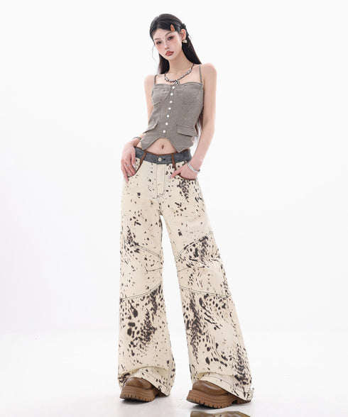 Speckled Panel Wide Denim Pants