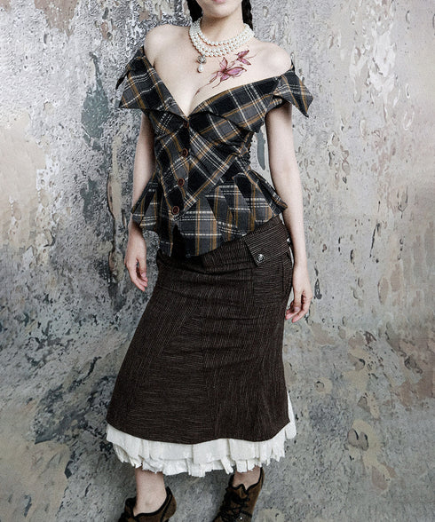 Plaid Edge Frill Blouse