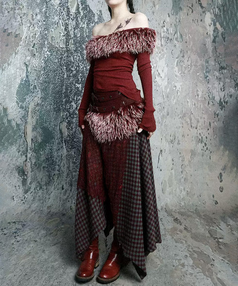 Feather Trim Offshoulder Knit Top