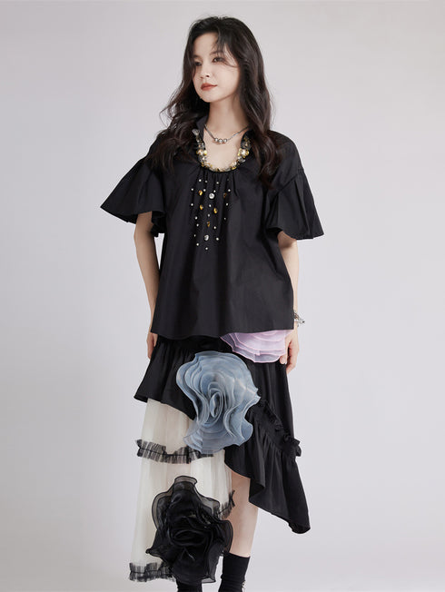 Beaded Collar Flare Blouse