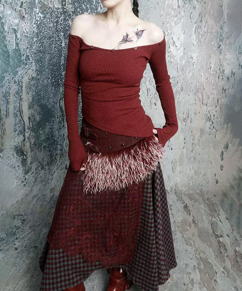 Feather Trim Offshoulder Knit Top