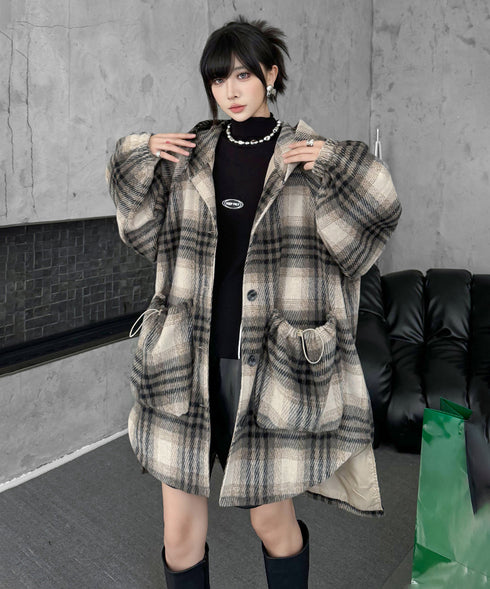 Oversized Plaid Hooded Coat