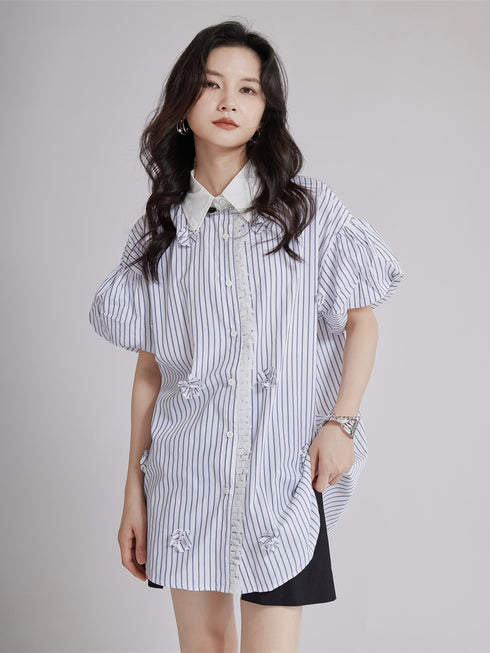 Striped Flower Puff Blouse