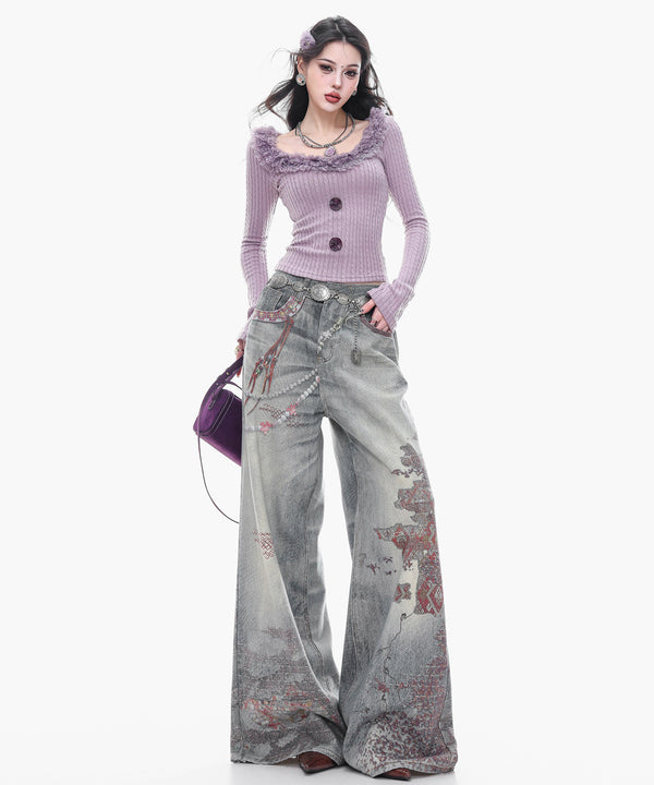 Ornament Washed Wide Denim Pants