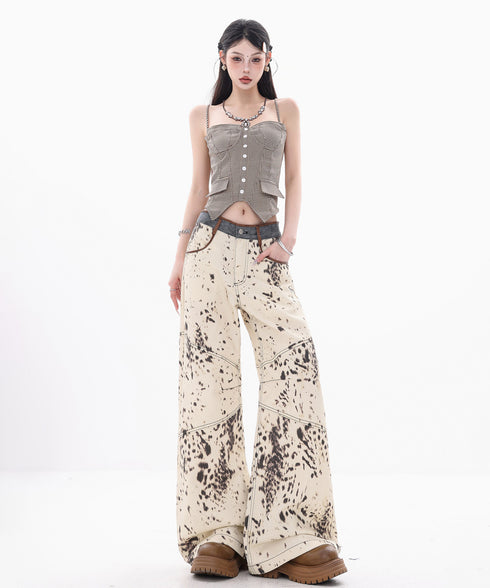 Speckled Panel Wide Denim Pants