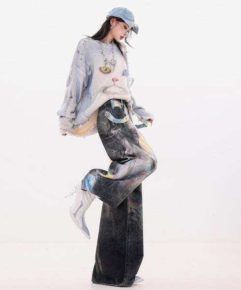 Iridescent Print Denim Wide Pants