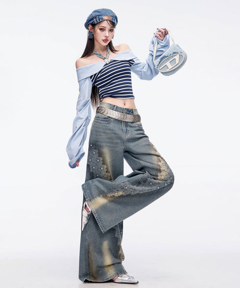 Crystal Dust Washed Wide Denim Pants