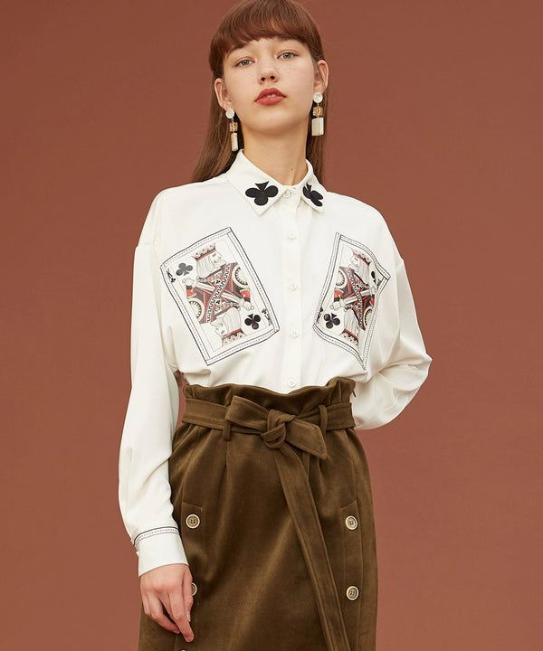 Card Print Collar Blouse