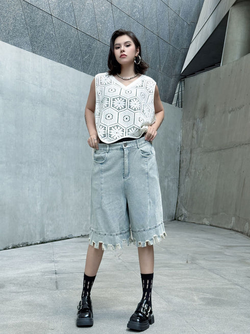 Raw Fringe Wide Denim Shorts