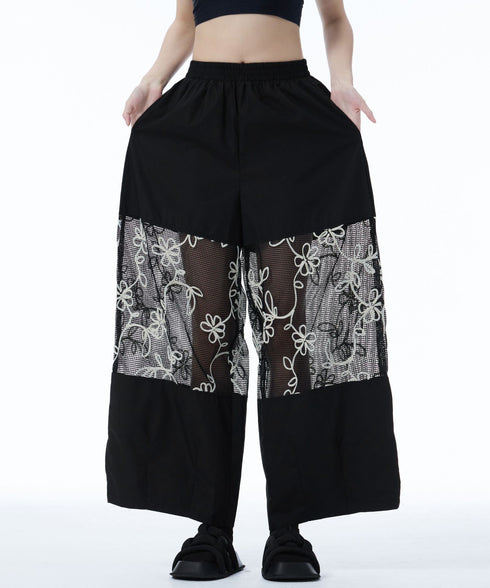 Sheer Floral Mesh Wide Pants