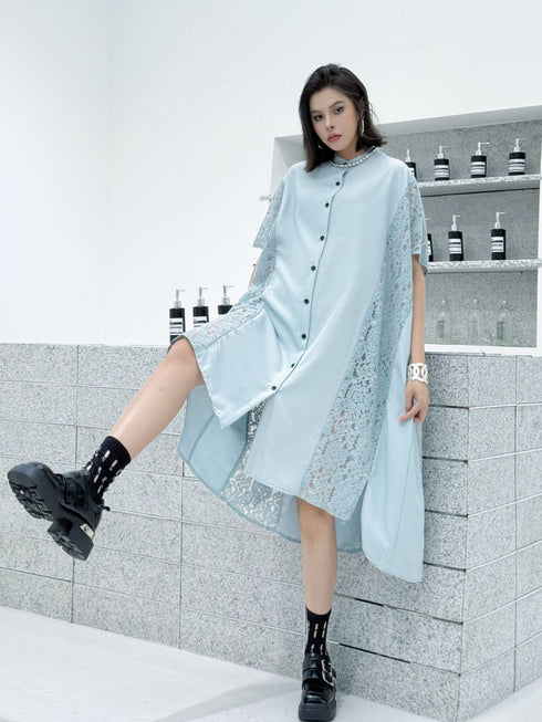 Lace Panel Relaxed Shirt Dress