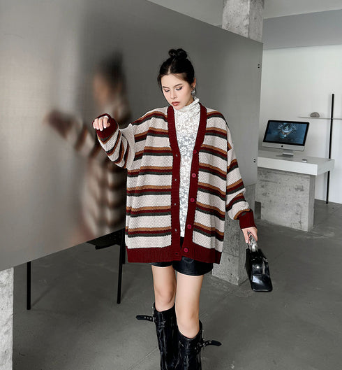 Multi Stripe Loose Knit Cardigan