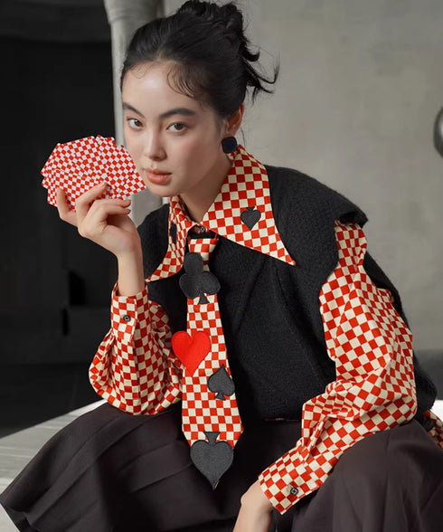 Checker Emblem Collar Blouse