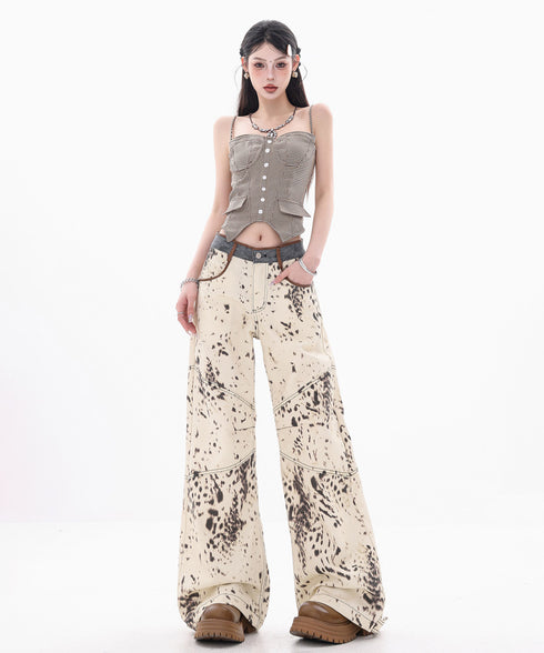 Speckled Panel Wide Denim Pants