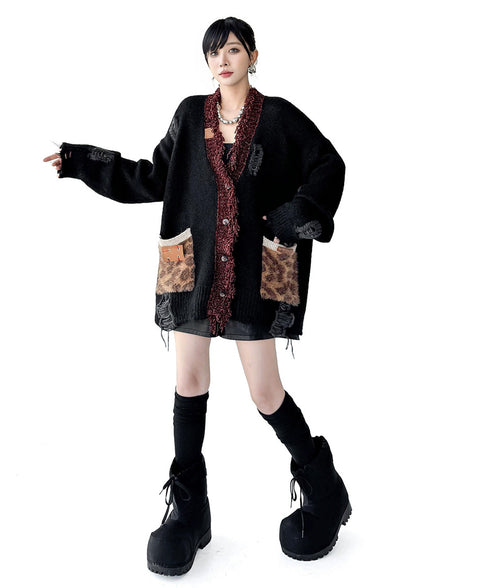 Fringe Patchwork Knit Cardigan