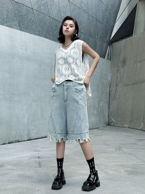 Raw Fringe Wide Denim Shorts