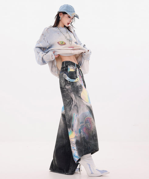 Iridescent Print Denim Wide Pants