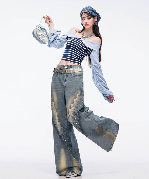 Crystal Dust Washed Wide Denim Pants