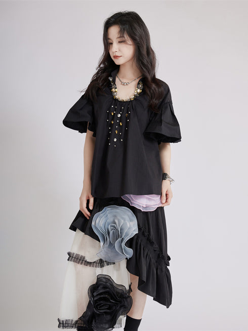 Beaded Collar Flare Blouse