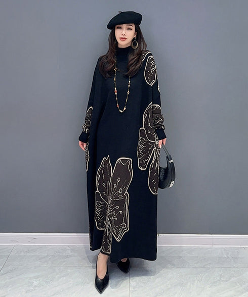 Floral Motif Knit Long Dress