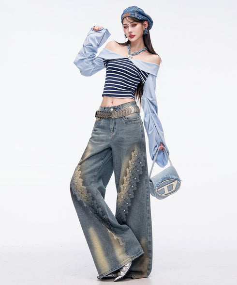 Crystal Dust Washed Wide Denim Pants
