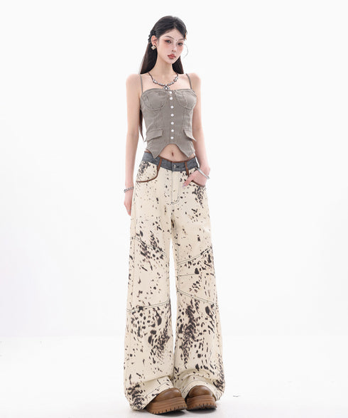 Speckled Panel Wide Denim Pants