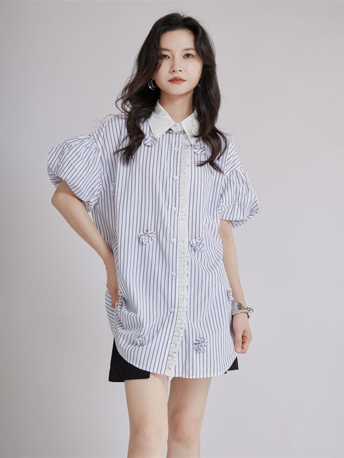 Striped Flower Puff Blouse