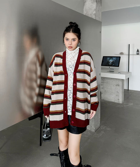 Multi Stripe Loose Knit Cardigan