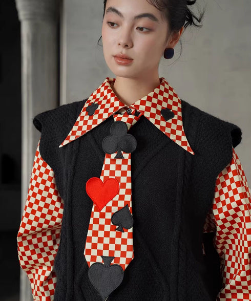 Checker Emblem Collar Blouse