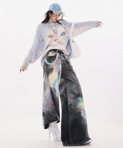 Iridescent Print Denim Wide Pants