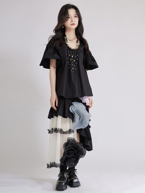Beaded Collar Flare Blouse