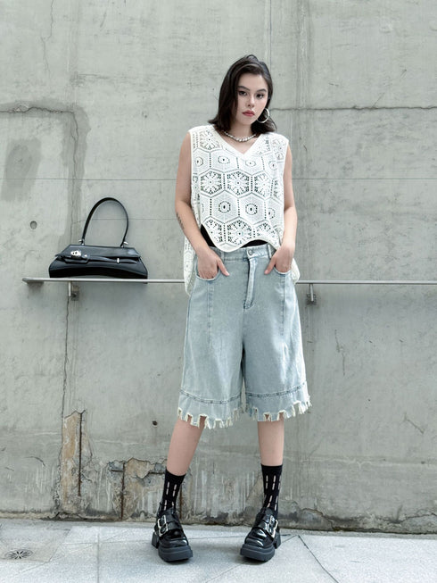 Raw Fringe Wide Denim Shorts