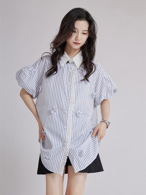 Striped Flower Puff Blouse