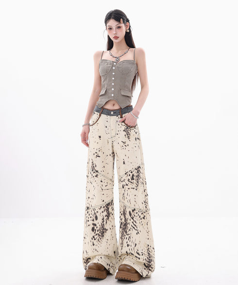 Speckled Panel Wide Denim Pants