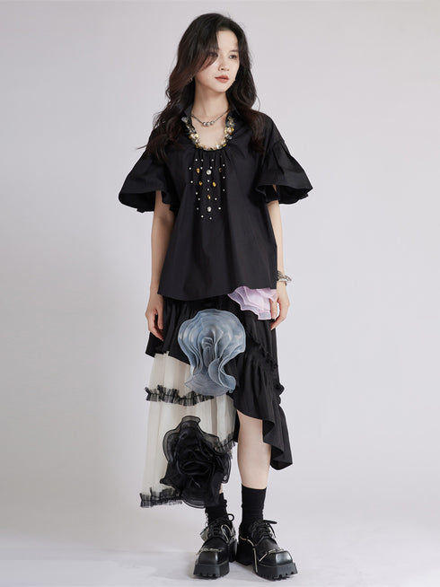 Beaded Collar Flare Blouse