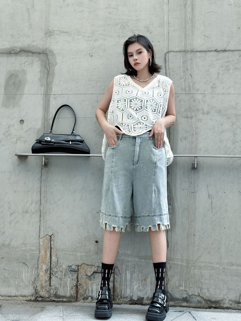 Raw Fringe Wide Denim Shorts