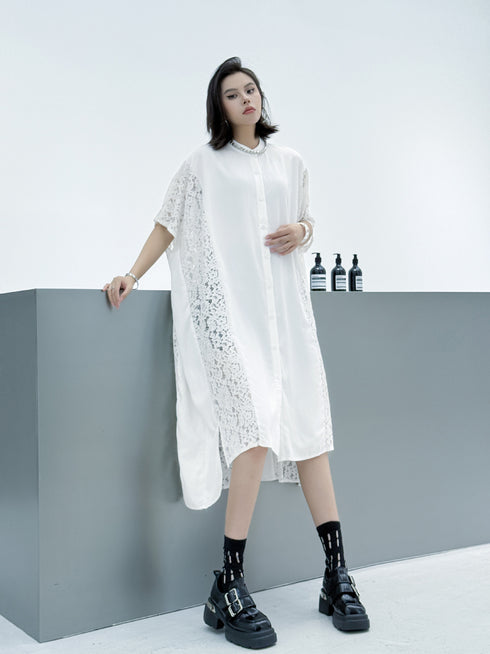 Lace Panel Relaxed Shirt Dress