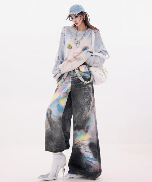 Iridescent Print Denim Wide Pants