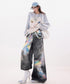Iridescent Print Denim Wide Pants