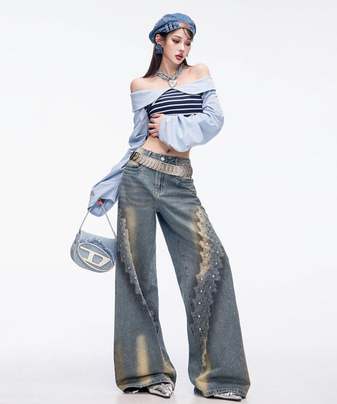 Crystal Dust Washed Wide Denim Pants