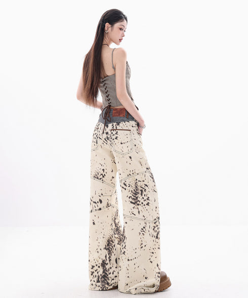 Speckled Panel Wide Denim Pants
